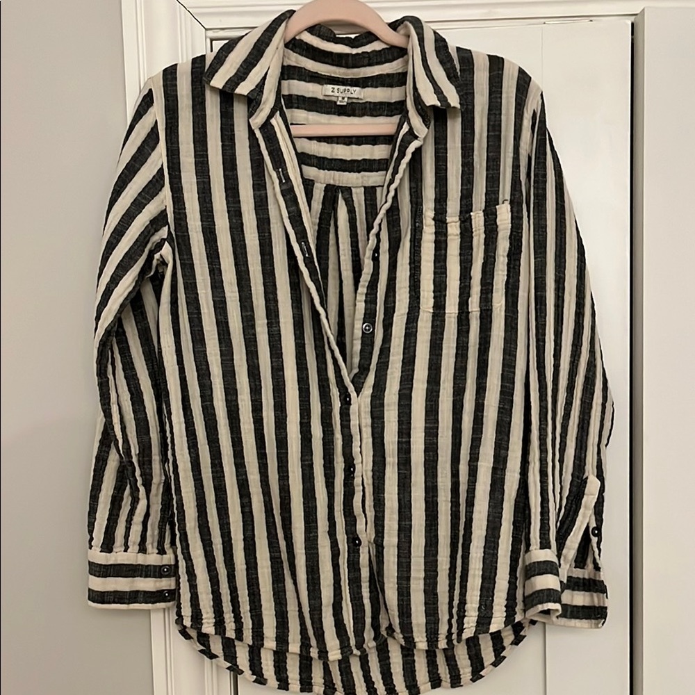 Z Supply Black and White Striped Button Down Shirt